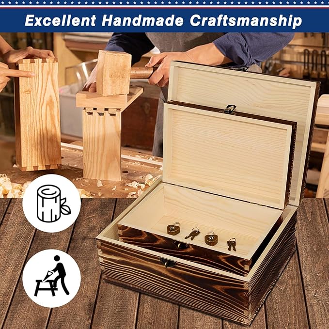 Wooden Box with Lock and Keys Hinged Lid Treasure Chest Memory Hobby Preservation Rustic Decorative Archival Organizer Jewelry Gadget Trinkets Keepsake Wood Storage Boxes 2 Pack Smokey Color - Image 3