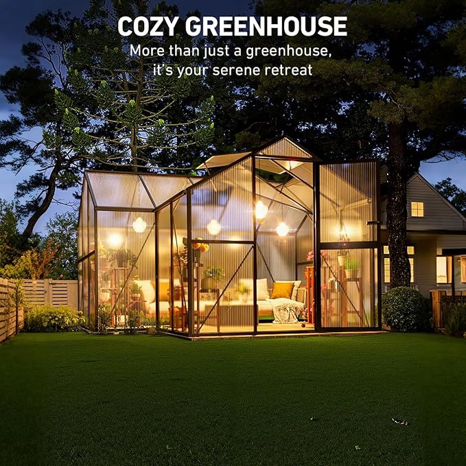 12X12FT Green Houses for Outside, Large Greenhouse for Outdoors and Garden Planting, Walk in Greenhouse Kit with Electronic Thermometers, Withstands Strong Wind or Snow to Protect Vegetables or Plants - Image 7