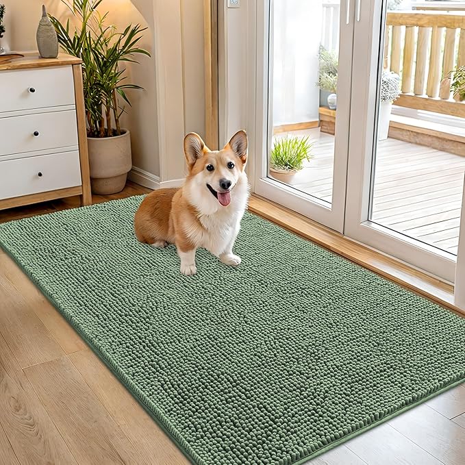 OLANLY Dog Door Mat for Muddy Paws 54x32, Absorbs Moisture and Dirt, Absorbent Non-Slip Washable Doormat, Quick Dry Chenille Mud Mat, Entry Indoor Entryway Carpet for Inside Floor, Olive Green by OLANLY