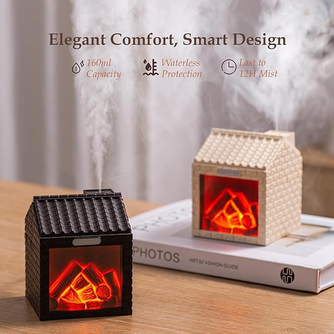 Mini Fireplace Cool Mist Humidifier with Flame Light, USB Powered, Auto Shut-Off, Portable for Bedroom Office Travel, 200ml, Beige - Image 3