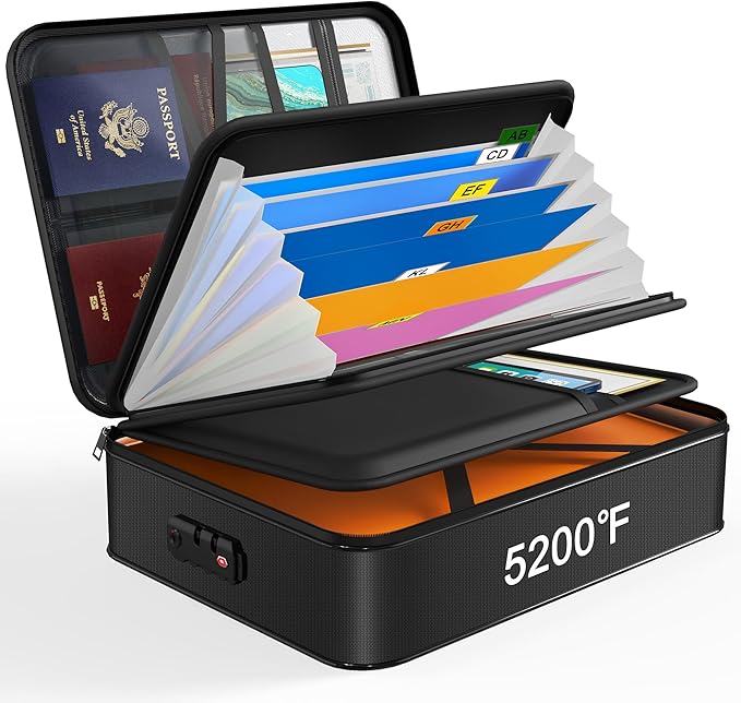 Noiposi 5200℉ Fireproof Document Box, 16.1x 11.4x4.3 Inch Waterproof and Fireproof Document Organizer,Portable Home Travel Safe Storage Box for Legal Size Documents,File and Birth Certificate,Black by Noiposi