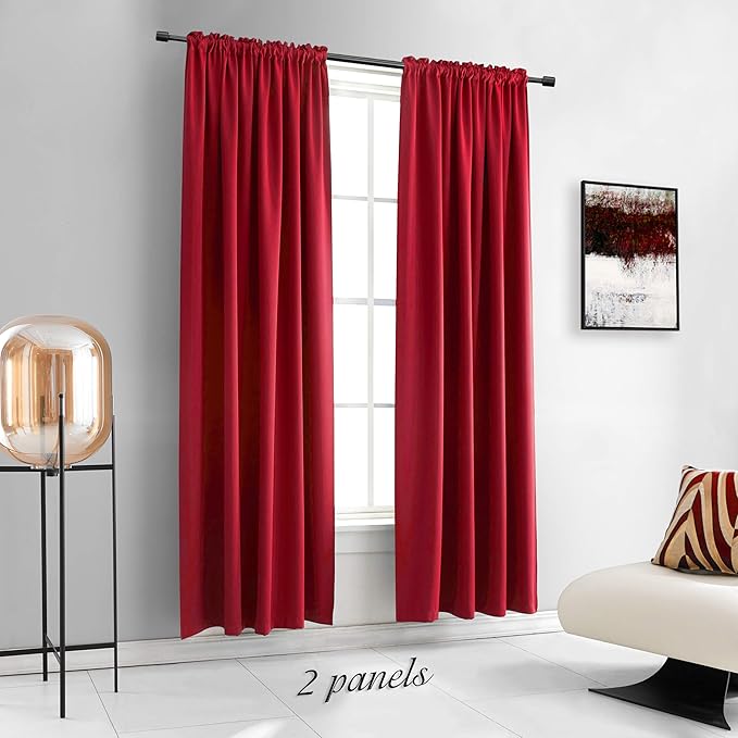DONREN 84 inche Length Curtain Panels - Light Reducing Thermal Insulated Solid Blackout Curtains/Panels/Drapes for Living Room (Set of 2, 60 inches by 84 Inch, Red) - Image 2