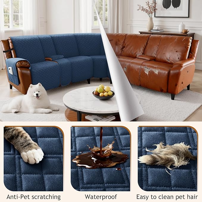 Arfntevss Waterproof Recliner Sectional Couch Covers for Reclining L Shape Sofa Cover Non Slip Washable L Shaped Slipcover Sets for Dog Furniture Protector (5 Seat with 2 Console Cover, Dark Blue) - Image 6
