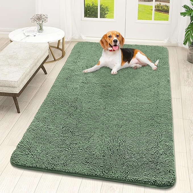 OLANLY Dog Door Mat for Muddy Paws 59x32, Absorbs Moisture and Dirt, Absorbent Non-Slip Washable Doormat, Quick Dry Chenille Mud Mat, Entry Indoor Entryway Carpet for Inside Floor, Olive Green by OLANLY
