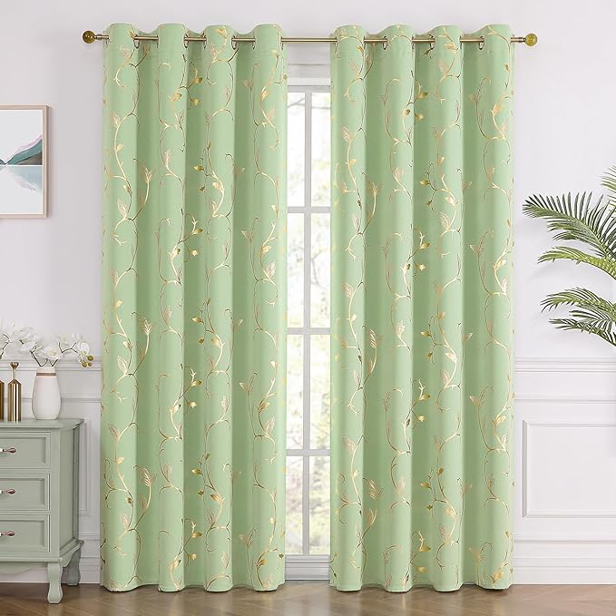 BUHUA Blackout Curtains Gold Foil Print Flower Vine Grommet Drapes, Room Darkening Thermal Insulated Curtains, Noise Reducing Curtain for Bedroom, Grass Green, 52Wx84L, 2 Panels - Image 2