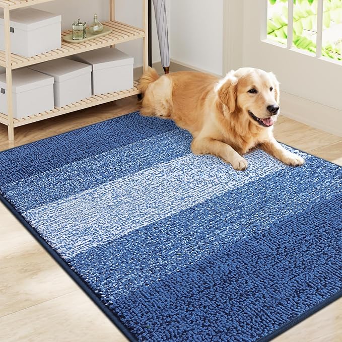 Smiry Dog Door Mat for Muddy Paws, Absorbs Moisture and Dirt, Low-Profile Entryway Mat with Non-Slip Backing, Entry Indoor Outdoor Doormat for Inside Floor (40x32 Inches, Navy Blue, Striped) by Smiry