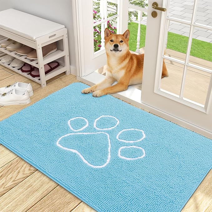 OLANLY Dog Door Mat for Muddy Paws 48x30, Paw Print Design, Absorbs Moisture and Dirt, Absorbent Non-Slip Washable Doormat, Quick Dry Chenille Mud Mat for Dogs, Entry Indoor Entryway Carpet, Blue by OLANLY