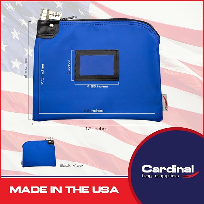 Heavy-Duty Money Bag with Lock – 9" x 12" Water-Repellent Laminated Nylon Bank Deposit Bag with Combination & Keyed Security for Cash, ID Window, Made in USA (Royal Blue) - Image 2