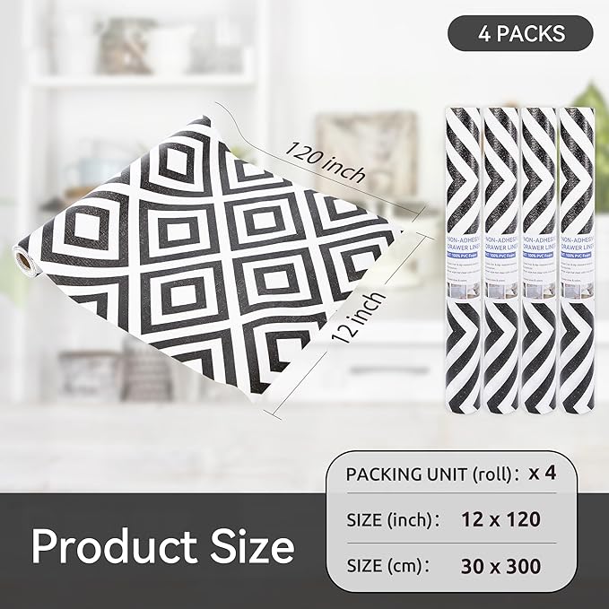FIFTY FEET 12"x120" Non-Adhesive Shelf Liner for Kitchen Cabinets and Drawers, Washable Non-Slip PVC Cabinet Liner (Black Plaid)(4 Roll) - Image 5