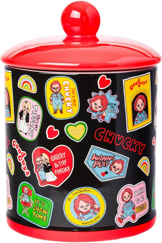 Silver Buffalo Chucky and Tiffany Sticker and Badges Pattern Ceramic Cookie Snack Jar (Large) by SilverBuffalo