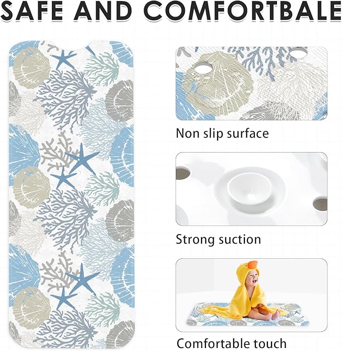 Sea Shells Coral Seashell Bath Mat Non Slip, Starfish Underwater 40X16 Inch Extra Long Bathtub Shower Mat for Tub Anti Slip with Suction Cups and Drain Holes for Kid Adult Elderly - Image 4