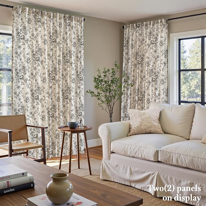 jinchan Linen Floral Curtains 100 Inch Extra Wide for Patio Sliding Glass Door Room Divider Curtain for Living Room 84 Inch Length Farmhouse Peony Black Printed Curtain Set 1 Panel - Image 3