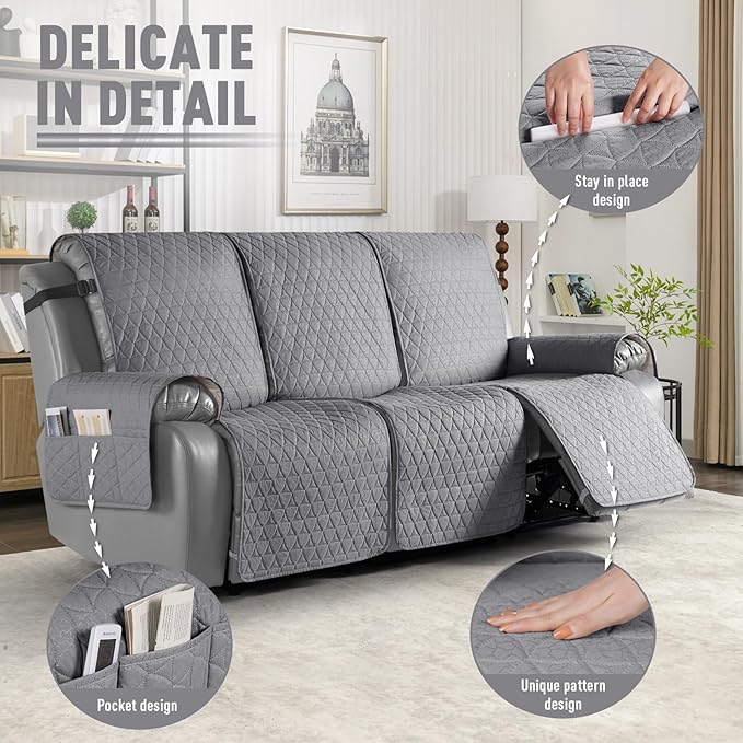 TAOCOCO 100% Waterproof Recliner Cover, Non-Slip Washable Reclining Couch Cover with Elastic Leg Straps, Furniture Protector for Dogs (Light Gray, 3 Seater) - Image 6