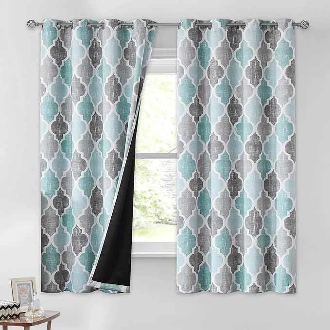 Beauoop 100% Blackout Curtains 54 Inches Long 2 Panels for Bedroom Living Room Aqua Grey Moroccan Geo Room Darkening Thermal Insulated Soundproof Grommet Top Window Treatments Drapes, 50x54 Set of 2 by Beauoop