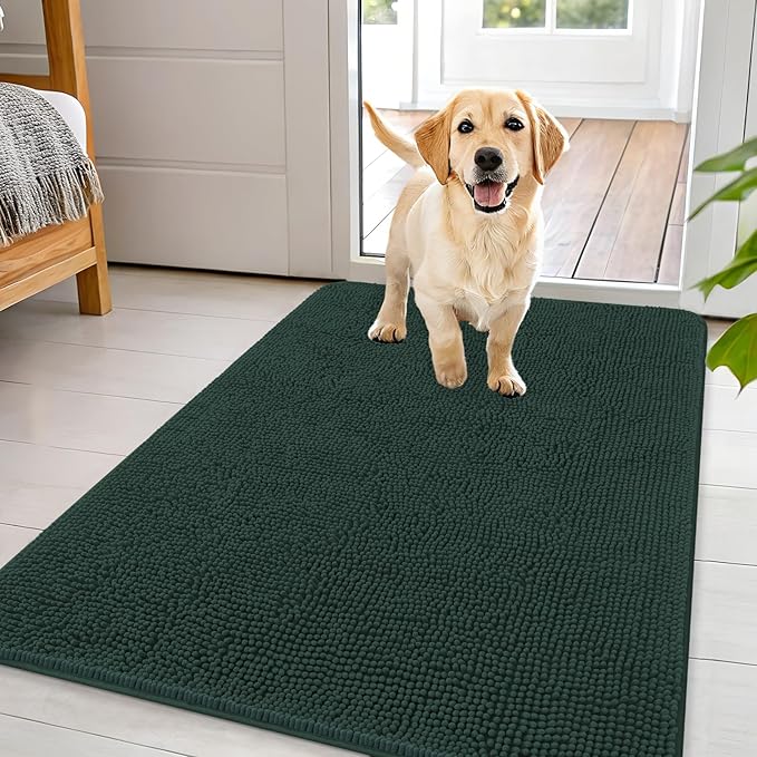 OLANLY Dog Door Mat for Muddy Paws 44x32, Absorbs Moisture and Dirt, Absorbent Non-Slip Washable Doormat, Quick Dry Chenille Mud Mat, Entry Indoor Entryway Carpet for Inside Floor, Blackish Green by OLANLY