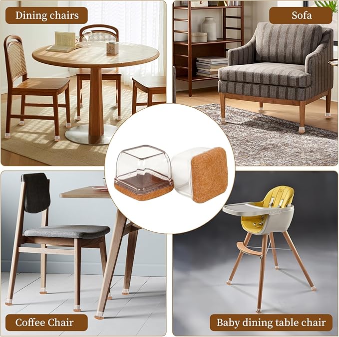 Square Chair Leg Floor Protectors Medium 24Pcs,Silicone Chair Leg Protectors for Hardwood Floors/Tiles,Clear 360°Wrapped Felt Bottom to Prevent Scratch and Reduce Noise - Image 6