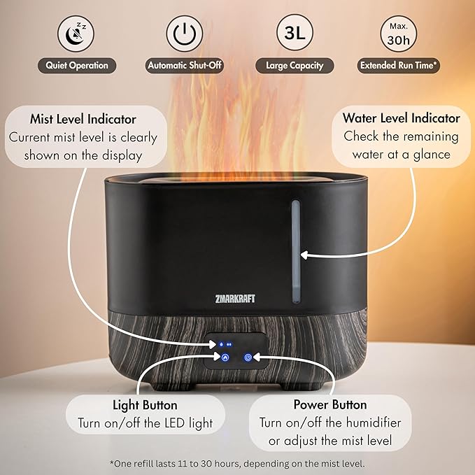 ZMARKRAFT® 3L Large Humidifier with Special Flame Light Effect, Quiet Ultrasonic Humidifying, Top Fill and Adjustable Mist Level, Cool Mist Humidifier for Any Season for Bedroom and Living Room - Image 4