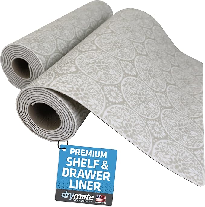 Drymate Premium Luxury Shelf & Drawer Liner, Thick Cushioned Fabric, Non-Adhesive, Absorbent, Waterproof, Slip-Resistant, Liners for Kitchen Cabinets, Cupboards (USA Made)(12”x59”)(2-Pack)(Tan) by Drymate