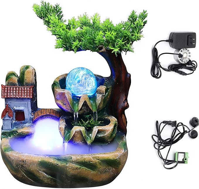 Small Bonsai Humidifier Mini Tabletop Waterfall Fountain with LED Color Night Light and Atomizer, Desktop Water Fountains Indoor Home Decor or Festival Birthday Gift for Girls Boys, 10 Inch by kunghei