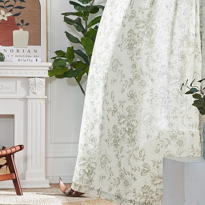 jinchan Linen Floral Curtains Extra Wide for Patio Sliding Glass Door Room Divider Curtain for Living Room Drapes 90 Inch Length Farmhouse Peony Green Printed Curtain Set 1 Panel - Image 7