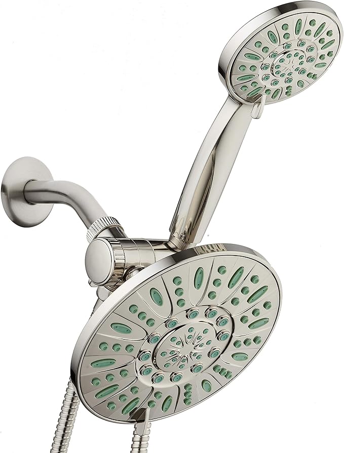 AquaDance Antimicrobial/Anti-Clog High-Pressure 30-setting Rainfall Shower Combo, Microban Nozzle Protection from Growth of Mold, Mildew & Bacteria, Brushed Nickel Finish/Coral Green Jets by AquaDance