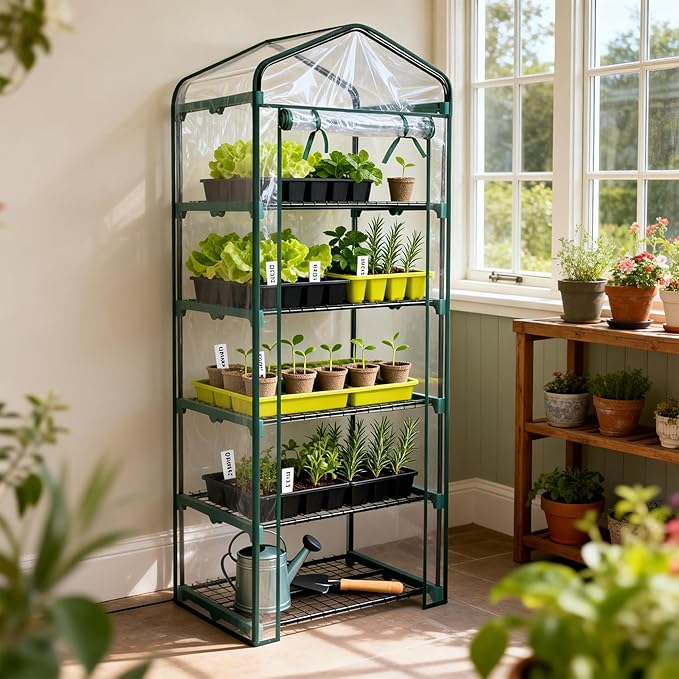 Worth Garden 5 Tier Mini Greenhouse - 75'' H x 27'' L x 19'' W - Sturdy Portable Gardening Shelves with PVC Cover - Small Porch Green House for Growing Plants Flowers Indoor & Outdoor - Image 2