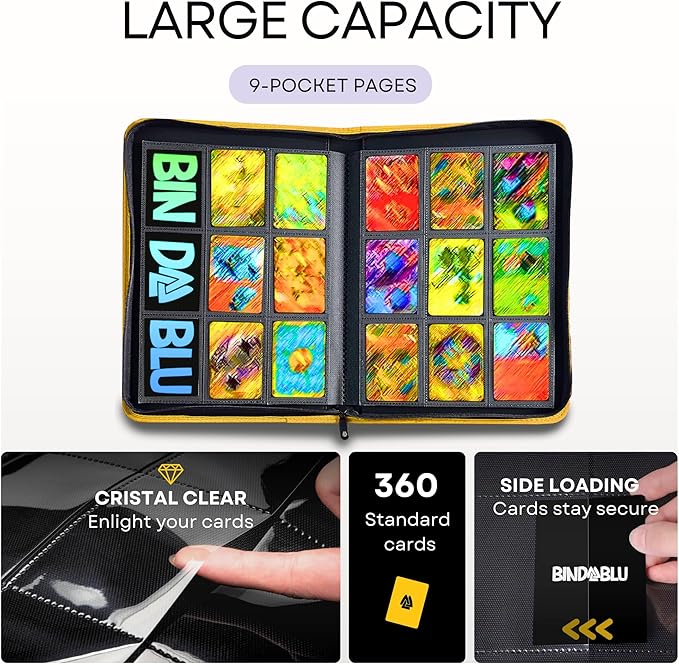 9 Pocket Trading Card Zip Binder - 360 Side Loading Pocket Binder for Colletible Games, Sport, TCG - Trading Card Binder - Gift Card holder for Boys and Girls - Yellow card binder - Image 3