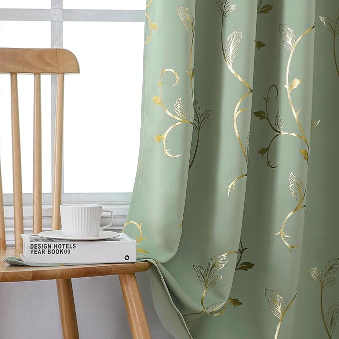 BUHUA Blackout Curtains Gold Foil Print Flower Vine Grommet Drapes, Room Darkening Thermal Insulated Curtains, Noise Reducing Curtain for Bedroom, Sage Green, 52Wx96L, 2 Panels - Image 4