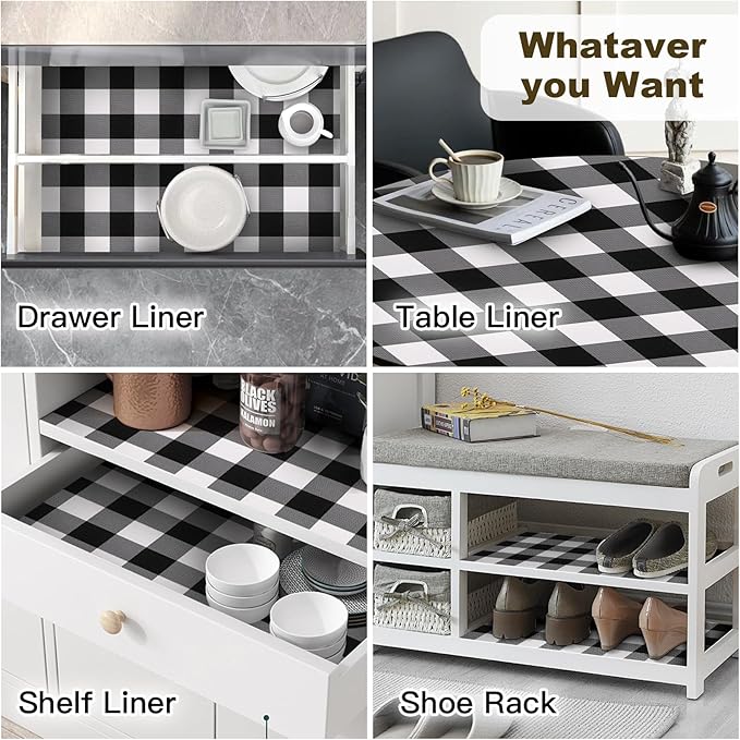 Shelf Drawer Liner for Kitchen Cabinets Non-Adhesive Non-Slip, Hide Stains & Scratches, Strong Grip Thickened Gingham Cabinet Liners for Shelves, Dresser, Cupboard, Pantry, Black/White, 11.8In x 30FT - Image 9