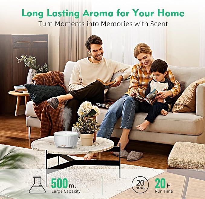 20-Hour Long-Lasting Aromatherapy, 500ML Large Essential Oil Diffuser: Ultrasonic Cool Mist Humidifier with Remote Control, 7 Color Lights, Timer, Auto-Off for Home/Bedroom/Yoga (Minimalist White) - Image 5