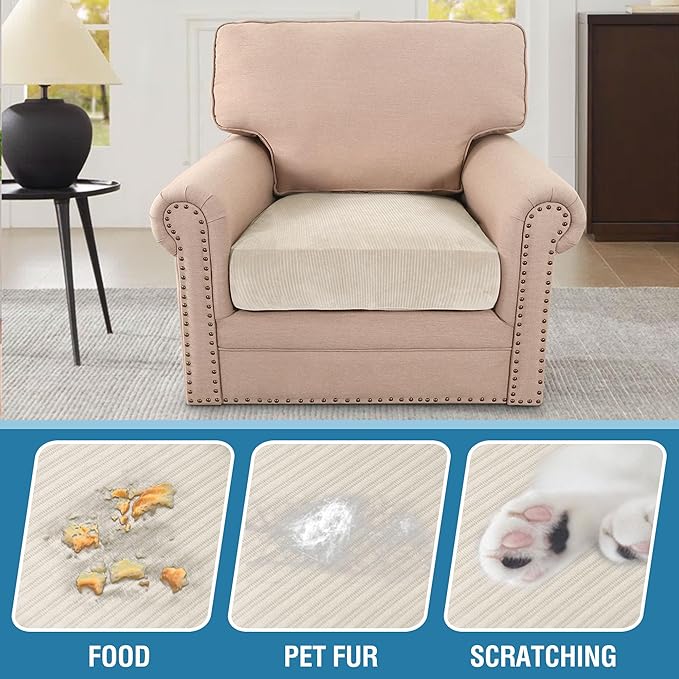 H.VERSAILTEX Velvet Stretch Couch Cushion Cover Plush Cushion Slipcover for Chair Cushion Furniture Protector Seat Cushion Sofa Cover (1 Piece Armchair Cushion Covers, Ivory Striped) - Image 3