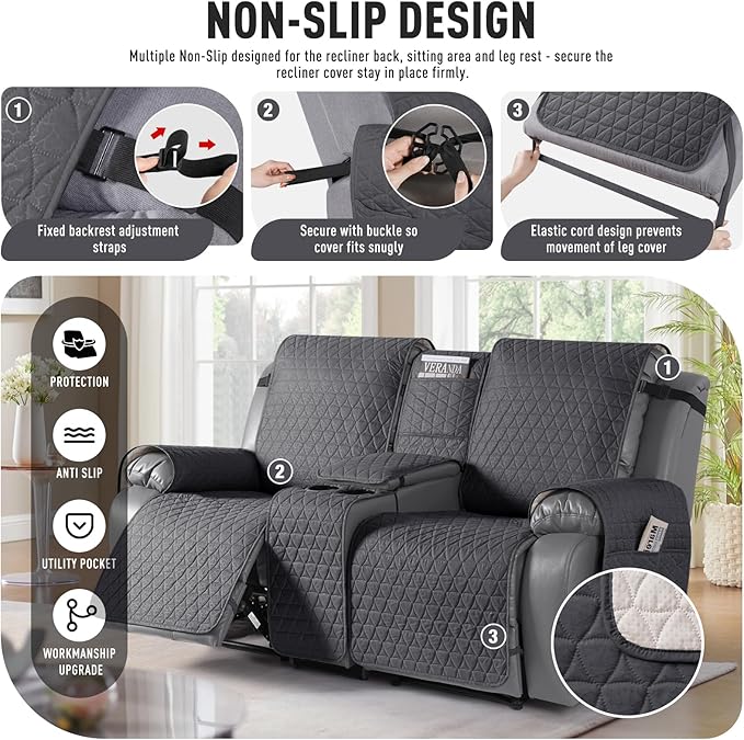 TAOCOCO 100% Waterproof Loveseat Recliner Couch Sofa Covers with Console,Double Reclining Couch Cover Non-Slip Sofa Slipcovers Washable,Furniture Protector Covers for Kids,Pets(2 Seater,Black Gray) - Image 5