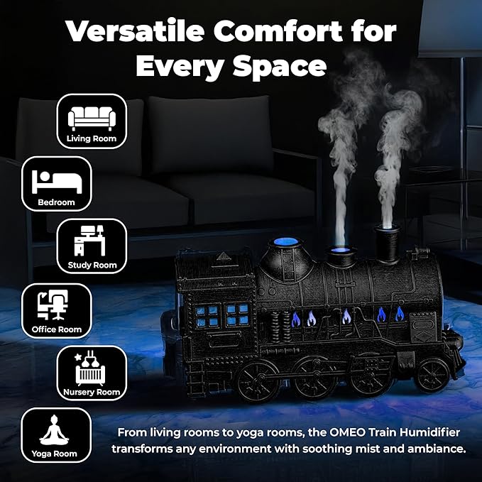 OMEO Black Small Train Aromatherapy Humidifier & Essential Oil Diffuser - Dual Mist, Quiet Ultrasonic, 300ML Tank, Remote Control, LED Light, Air Purifier for Home, Office, and Bedroom Use - Image 2