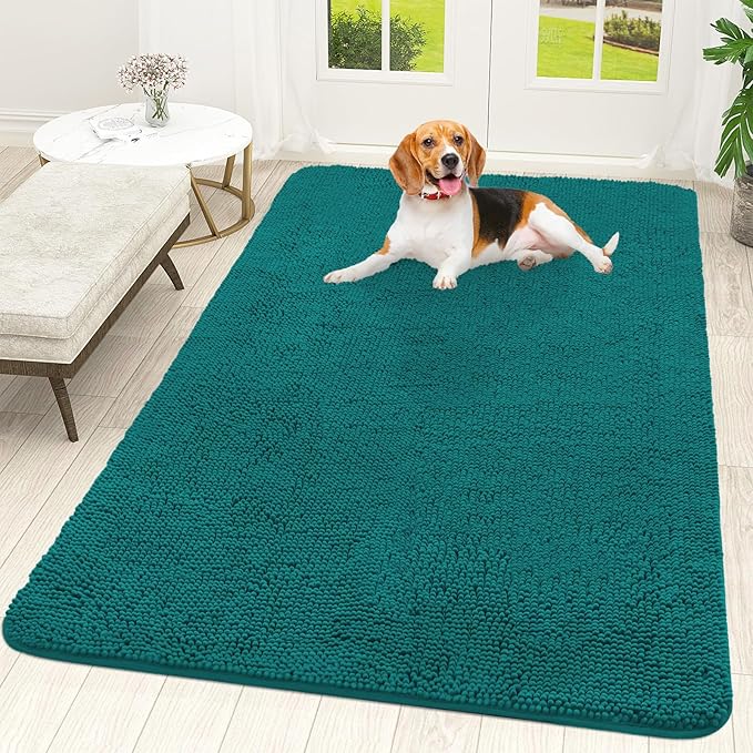 OLANLY Dog Door Mat for Muddy Paws 59x35, Absorbs Moisture and Dirt, Absorbent Non-Slip Washable Doormat, Quick Dry Chenille Mud Mat for Dogs, Entry Indoor Entryway Carpet for Inside Floor, Lake Blue by OLANLY
