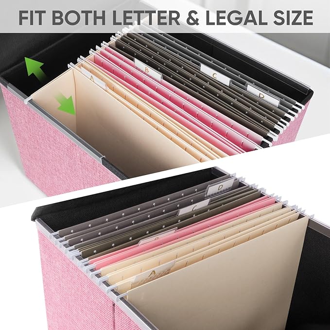 BALEINE File Organizer Box with Lid, Collapsible File Folder Organizer with Plastic Slide, Hanging File Folder Box for Office Document Storage (2 Pack, Pink) - Image 3