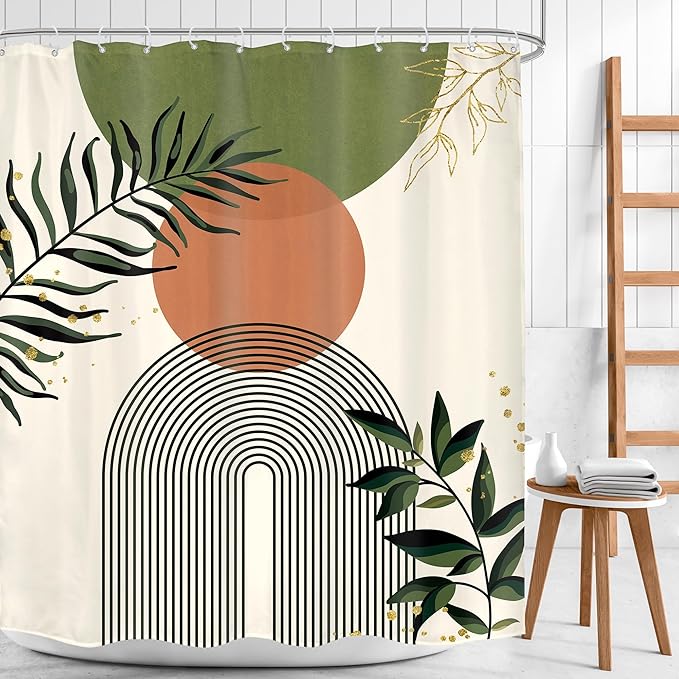 Green Boho Shower Curtain 60Wx72H Abstract Bohemian Modern Leaves Mid Century Minimalist Contemporary Plant Bathroom Decor Simple Neutral Bath Curtain Fabric Polyester 12 Pack Hooks - Image 2