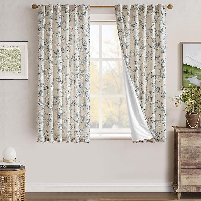 jinchan Floral Curtains Lined Linen Blend Curtain for Living Room 63 Inch Length Blue Flower Patterned Curtain French Country Farmhouse Curtains Drapes Back Tab Rod Pocket 2 Panels - Image 7