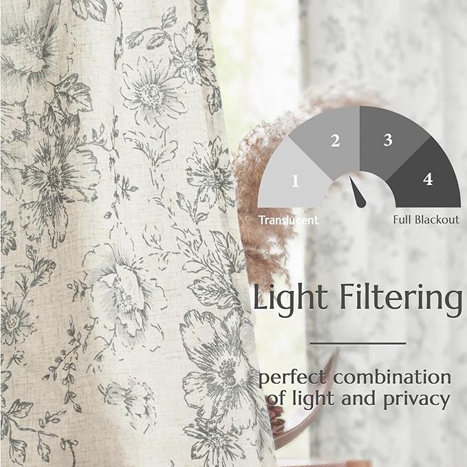 jinchan Lined Linen Blend Curtain Floral Curtains for Living Room 90 Inches Long Grey Peony Flower Printed Curtain Back Tab Farmhouse Patterned Drapes Bedroom Window Curtains Set 2 Panels - Image 4