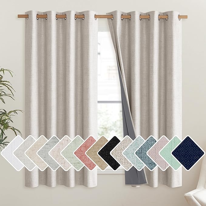 NICETOWN Brich Vintage Open Linen Weave Flax Thermal Curtains, 100% Blackout Curtains 48" Long for Dining Room, Soundproof Window Treatment Drapes for Hall Room, 52" Wide Per Panel, Set of 2 by NICETOWN