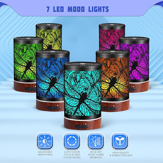 Essential Oils Diffuser,Aromatherapy Diffuser,Birthday for Women Mom Grandma,Metal Cool Mist Humidifier with 7 Colors Lights Waterless Auto Off Air Diffusers (Dragonfly) - Image 2