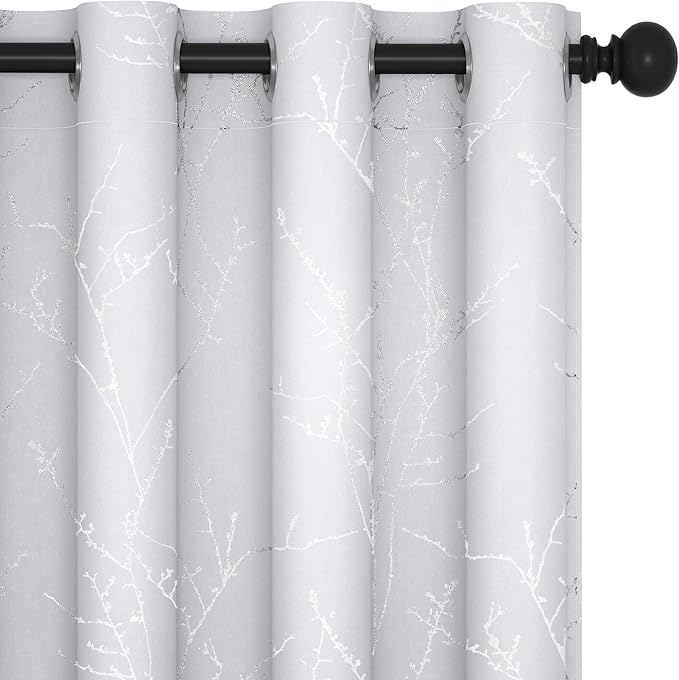 Deconovo Greyish White Curtains, Room Darkening Curtain, Thermal Insulated Soundproof Drapes, Silver Branch Print, 52 x 84 Inch Long, Grommet Window Panels for Living Room Bedroom Patio Door, Set of 2 by Deconovo