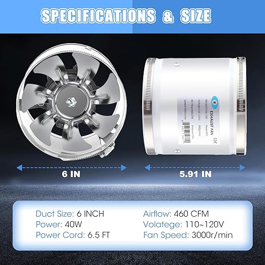 Dreyoo 6 Inch Inline Duct Fans 460 CFM, 2 Pack Quite Ventilation Exhaust Fans with Duct Clamps for Grow Tent, Mini Greenhouse, Basement, Bathroom, Low Noise - Image 5