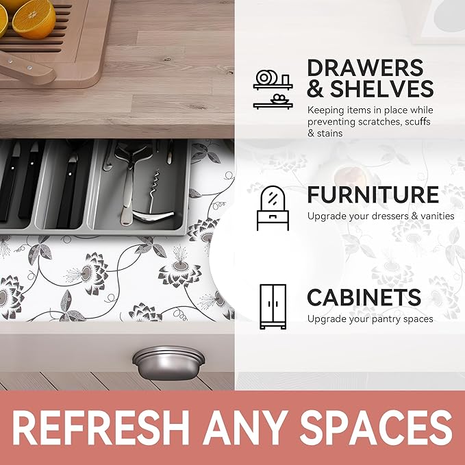 RAY STAR Shelf Liner, Non Adhesive Black Leaves Floral Cabinet Liner for Pantry Drawer, Non Slip, Shelf Liners for Kitchen Cabinets Cupboard 12 Inch x 10 FT (10 Rolls) Signature Delivery - Image 7