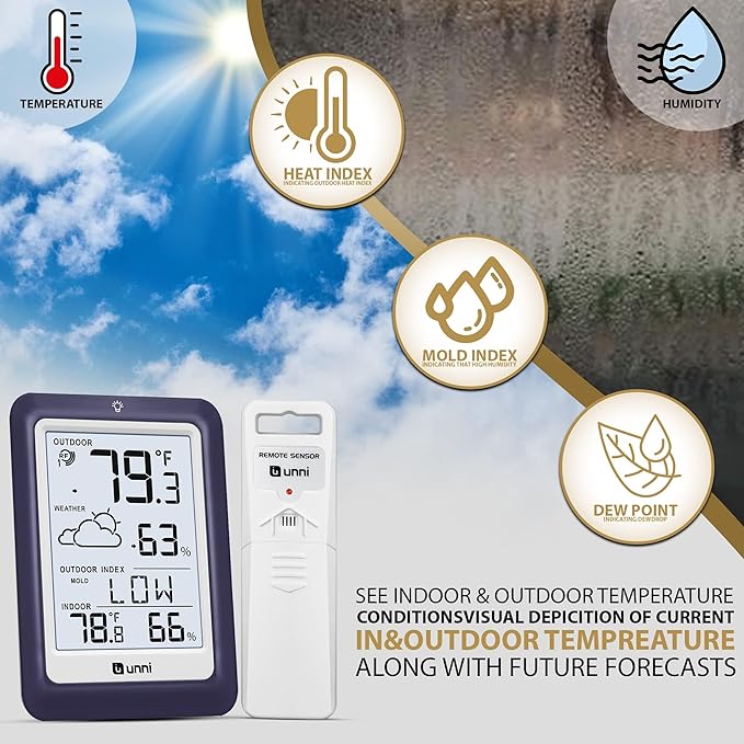 Indoor Outdoor Thermometer Wireless Weather Station, Temperature Humidity Monitor Battery Powered Inside Outside Thermometers with 330ft Range Remote Sensor and Backlight Display (Purple) - Image 3