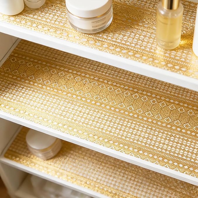 Drawer and Shelf Liner - Gold Geometric Lace Pattern,Non Adhesive Non Slip Waterproof Easy-Clean Shelf Liner for Kitchen Cabinet, Refrigerator, Bathroom, Pantry Storage Drawers, 12 in x 20 Ft - Image 8