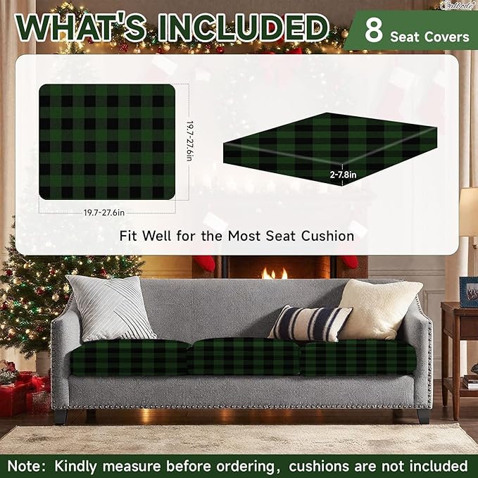 8Pcs High Elastic Sofa Seat Cushion Cover for Christmas, Reusable Print Green Checked Stretch Couch Cushion Slipcover for Outdoor Furniture Protector Replacement,Soft & Comfortable for Winter - Image 2