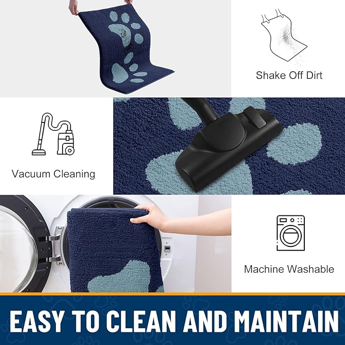 Smiry Dog Door Mat for Muddy Paws, Absorbs Moisture and Dirt, Low-Profile Entryway Mat with Non-Slip Backing, Entry Indoor Outdoor Doormat for Inside Floor (47x24 Inches, Dark Blue, Paw) - Image 7