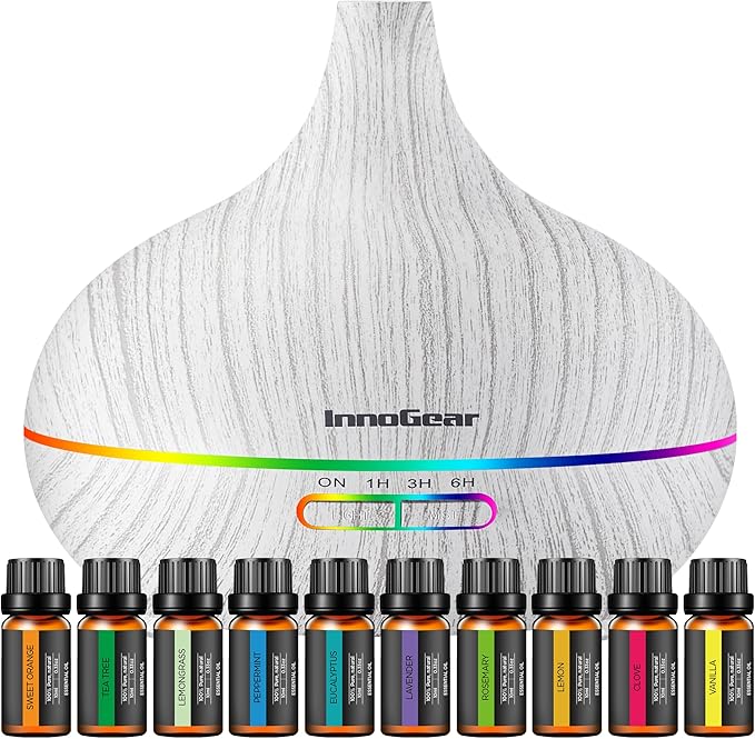 InnoGear Aromatherapy Diffuser & 10 Essential Oils Set, 400ml Diffuser Ultrasonic Diffuser Cool Mist Humidifier with 4 Timers 7 Colors Light Waterless Auto Off for Large Room Office, White Grey by InnoGear