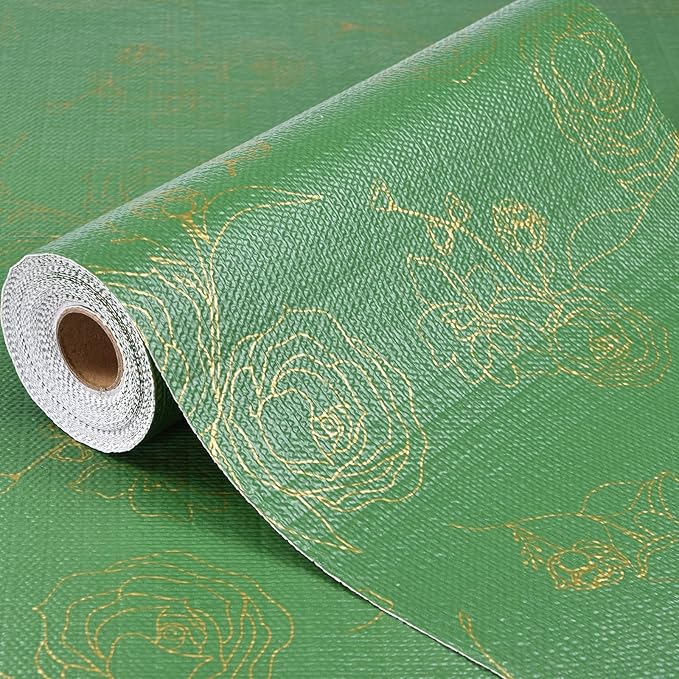 Shelf Liner for Kitchen Cabinets Drawer Liner Non-Adhesive Non-Slip Thickened Shelf Liner Paper Easy to Clean with Green Background Gold Floral Line Pattern for Tool Box Refrigerator.12×236.2 inches by Oneoftheworld