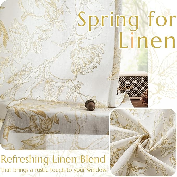 jinchan Floral Curtains 84 Inches Long Mustard Yellow Flower Linen Farmhouse Curtain for Living Room French Country Vintage Curtain Rod Pocket Curtains Set 2 Panels Floral Printed - Image 8